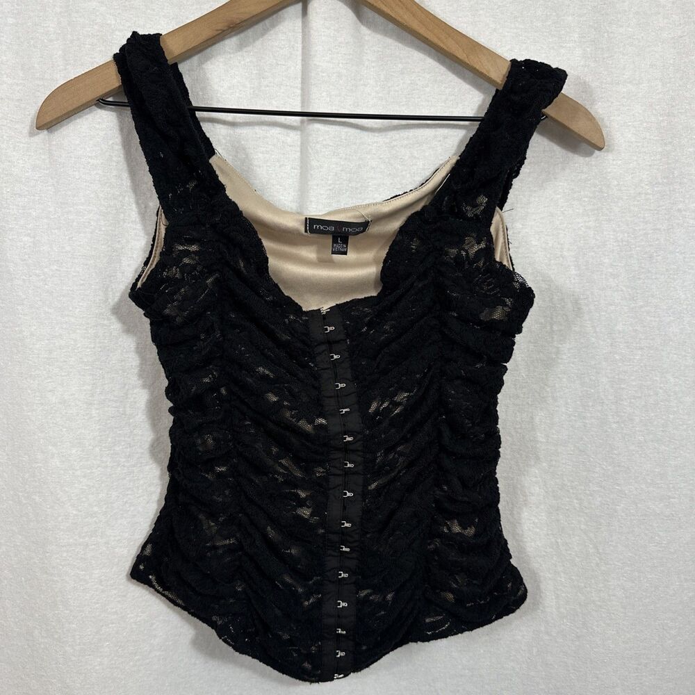 Moa Moa Corset Style Ruched Lace Hook Eye Top Womens Sz L Dark Romantic